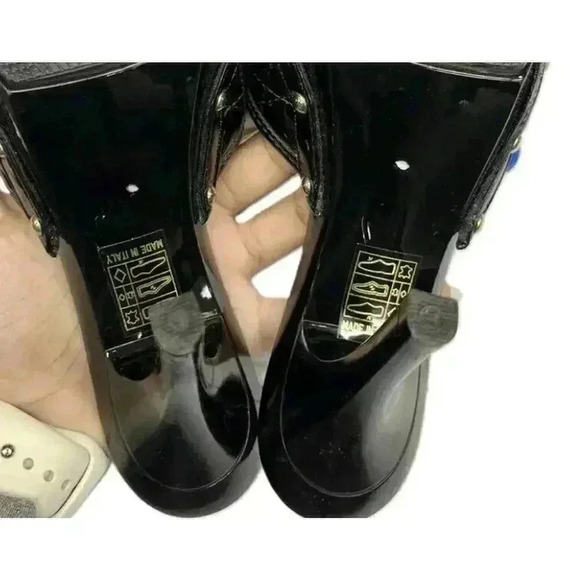 CHRISTIAN DIOR Open Toe Mules Heels black Sandals 36.5 6.5 Patent Leather Bow - Picture 5 of 6